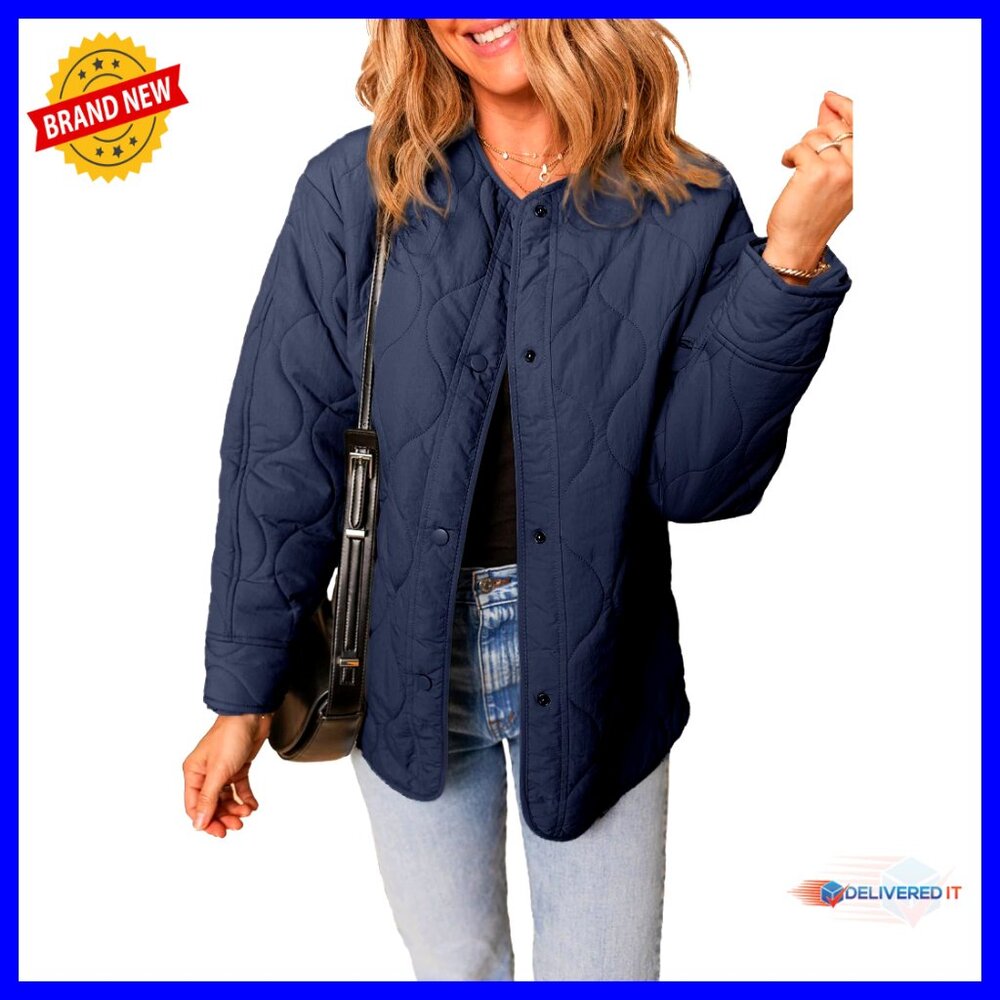 Quilted Puffer Jacket Lightweight Relaxed Fit Snap Front Pockets Oversized Chic